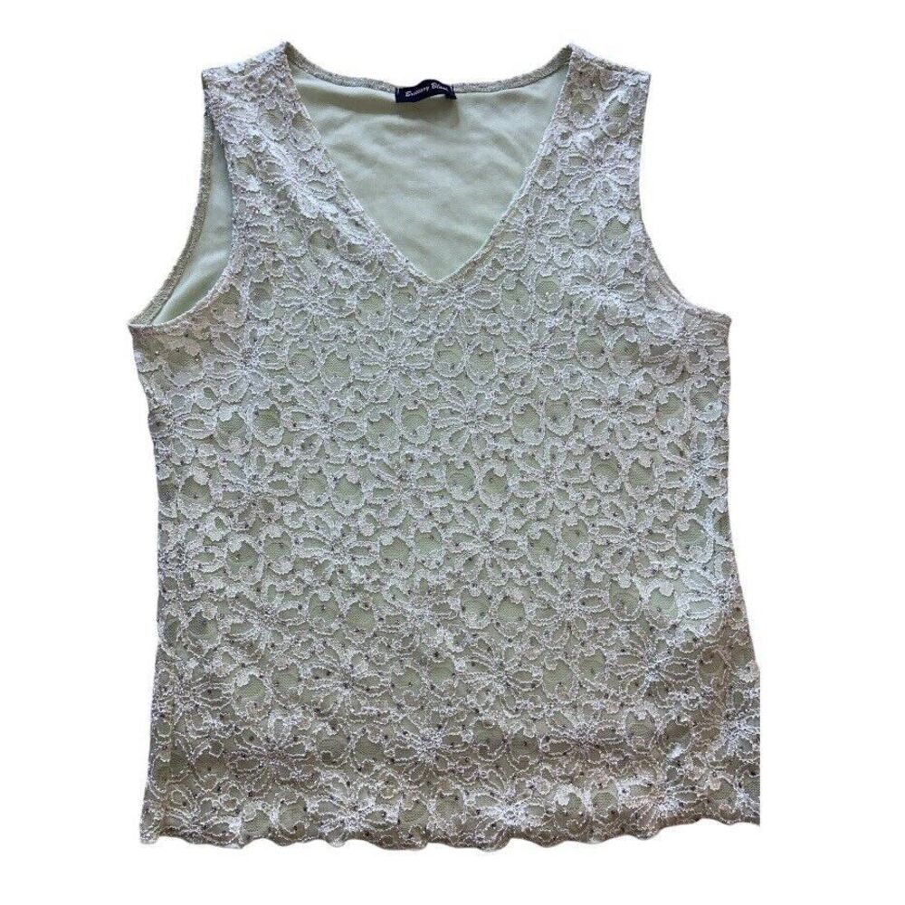 Brittany Black Sleeveless Blouse Floral Lace Large Green Rhinestones Feminine‎